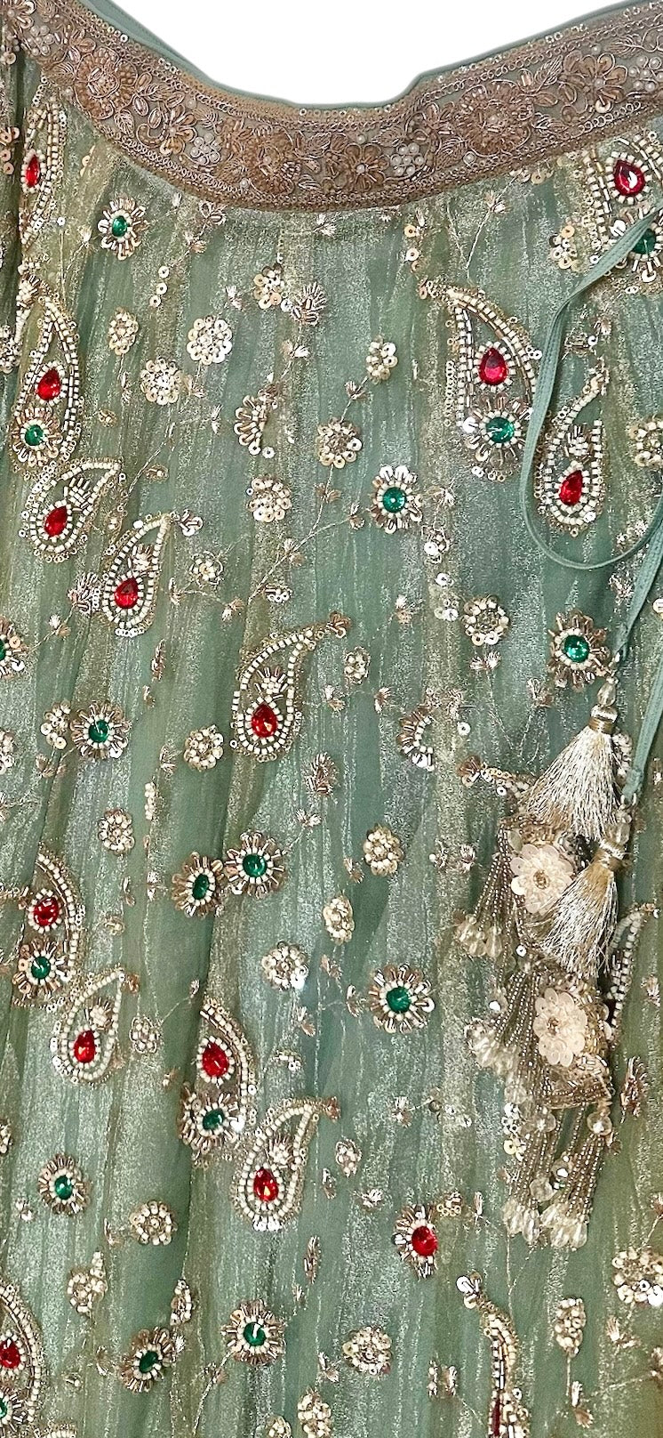 Sea-green stonework lehenga