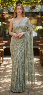 Sea-green chantley lace saree