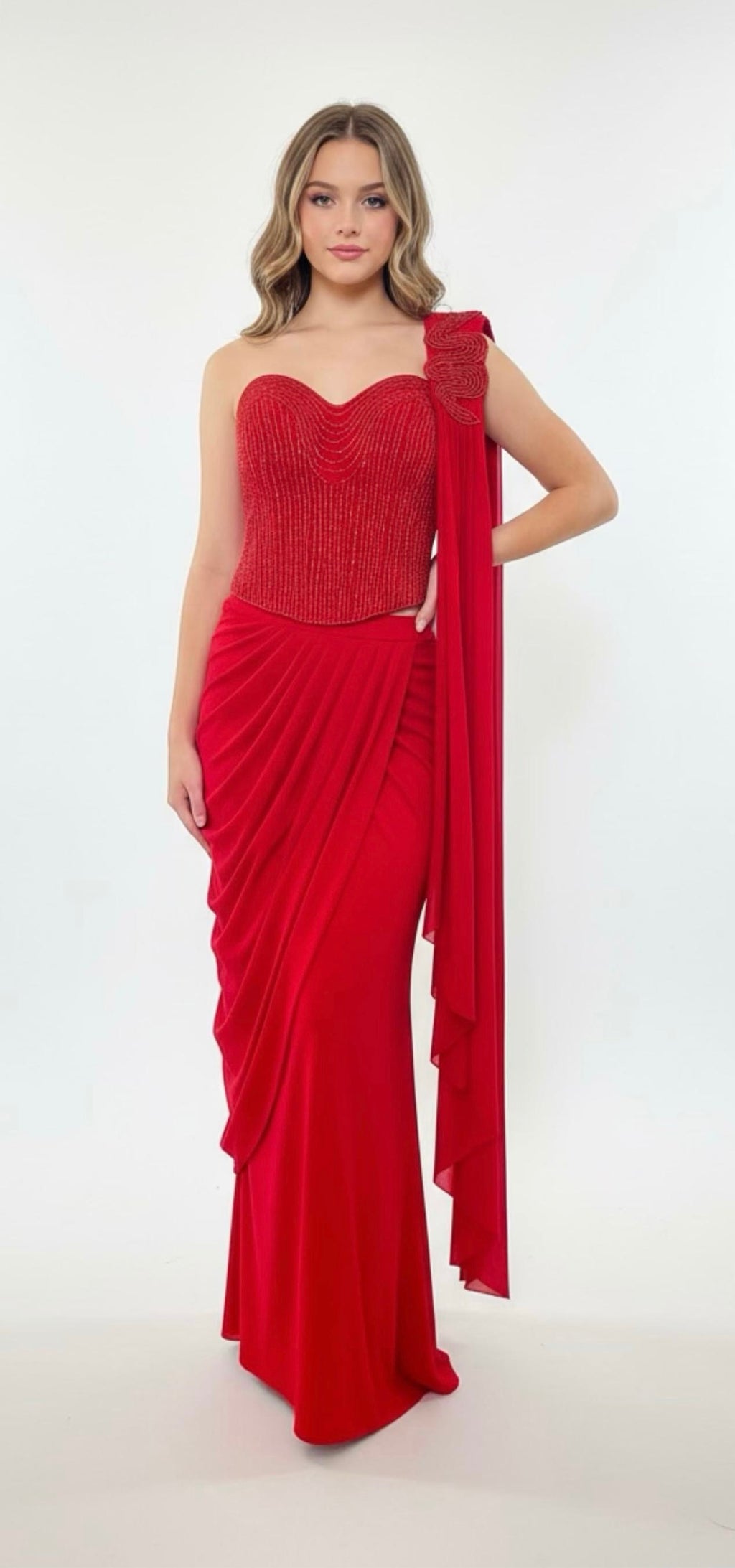 Red Lycra stitched saree