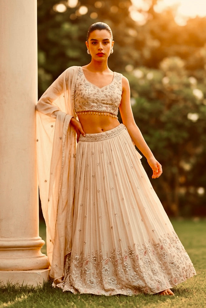 Ivory tissue lehenga