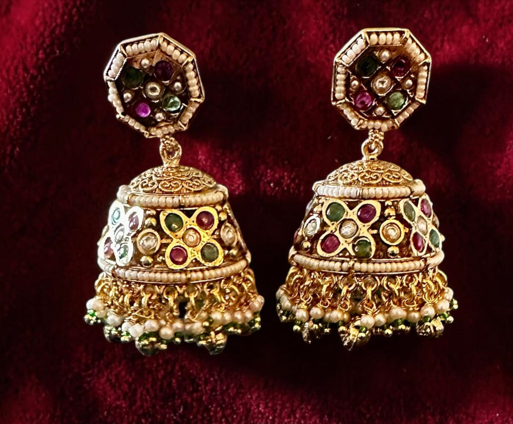 Ruby emerald gold finish jhumkaas