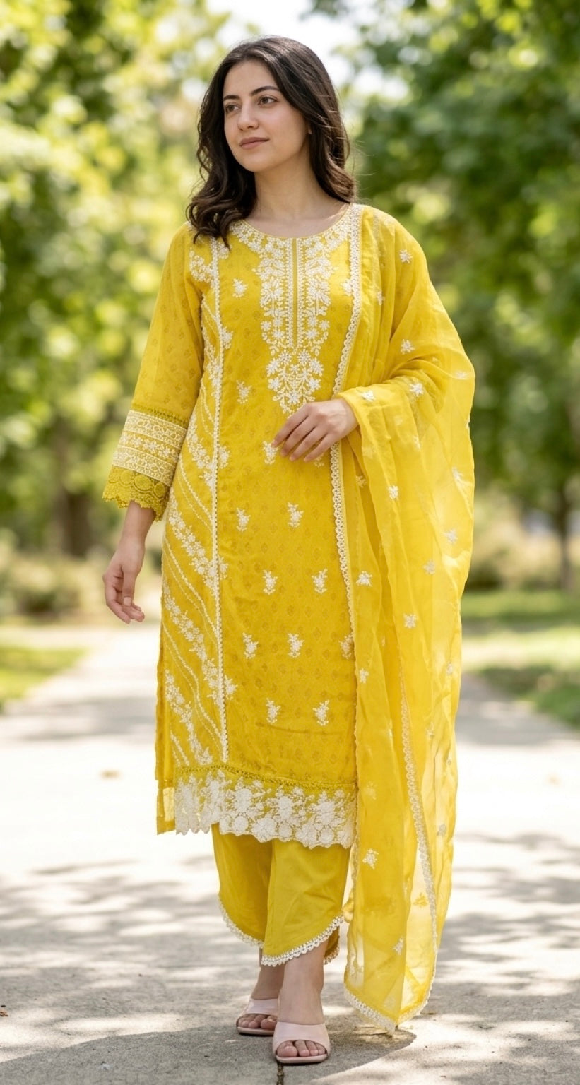 Yellow thread work suit