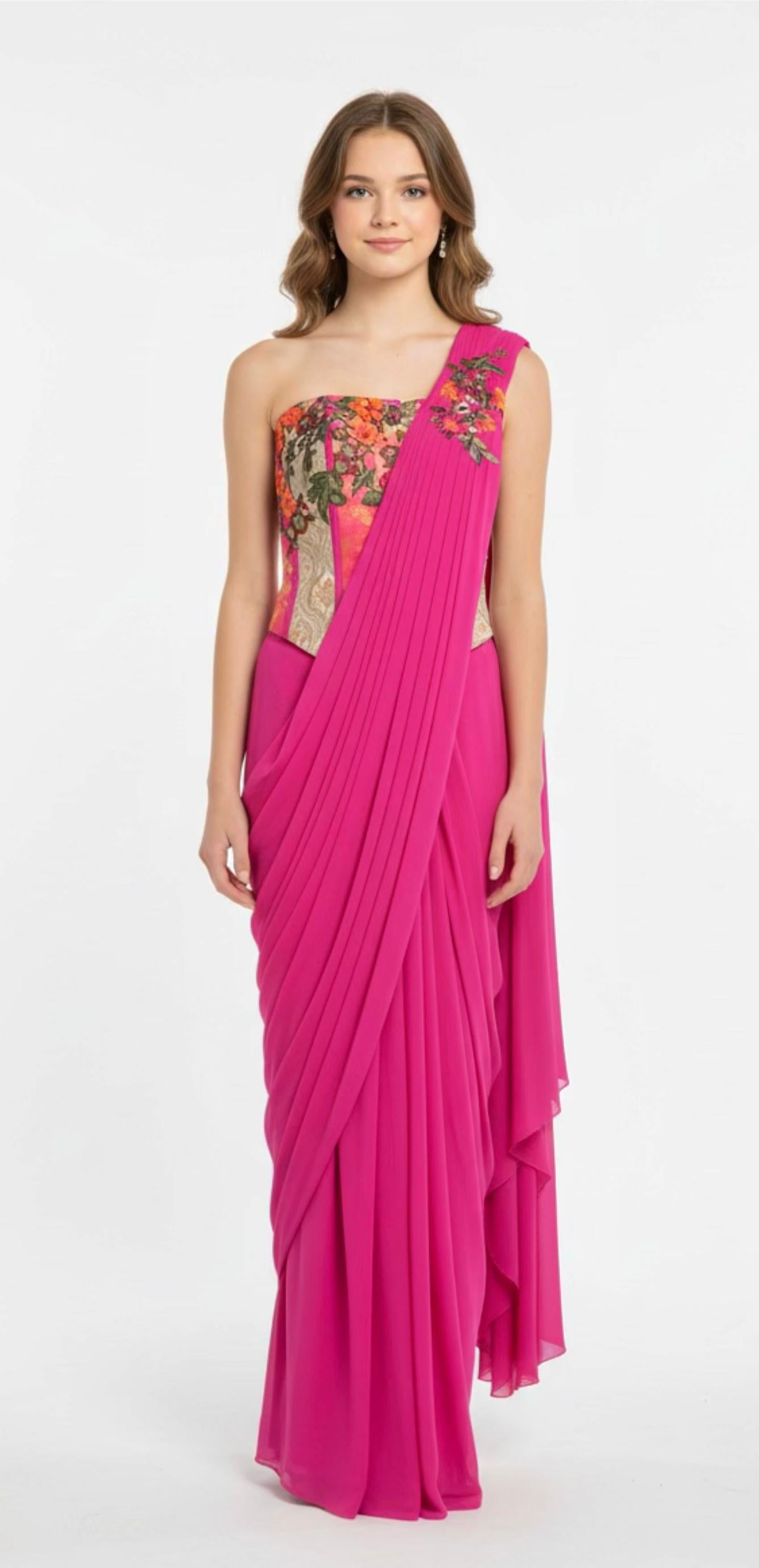 Fuchsia Lycra stitched saree