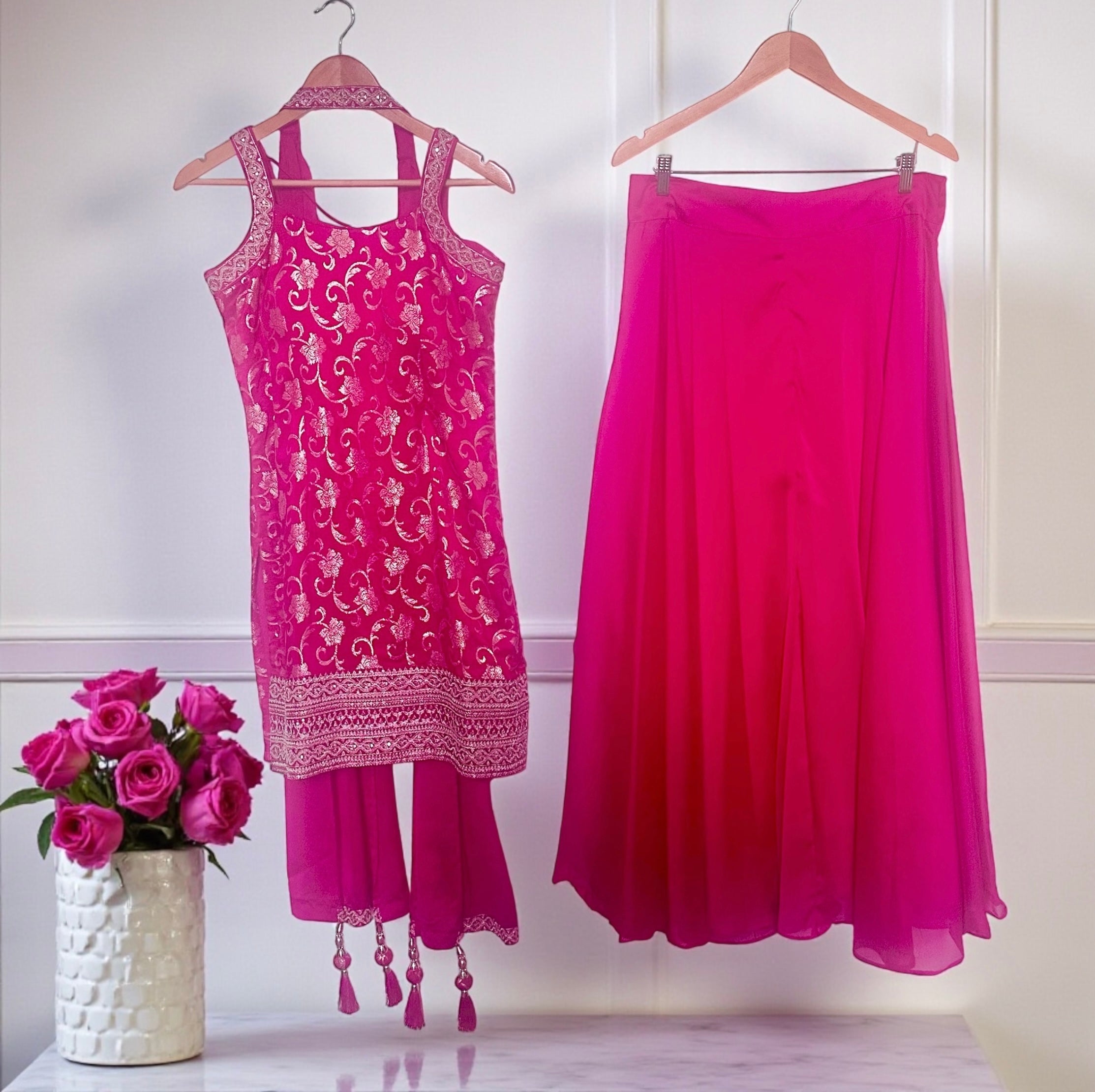 Pinkish red benarasi Sharara suit
