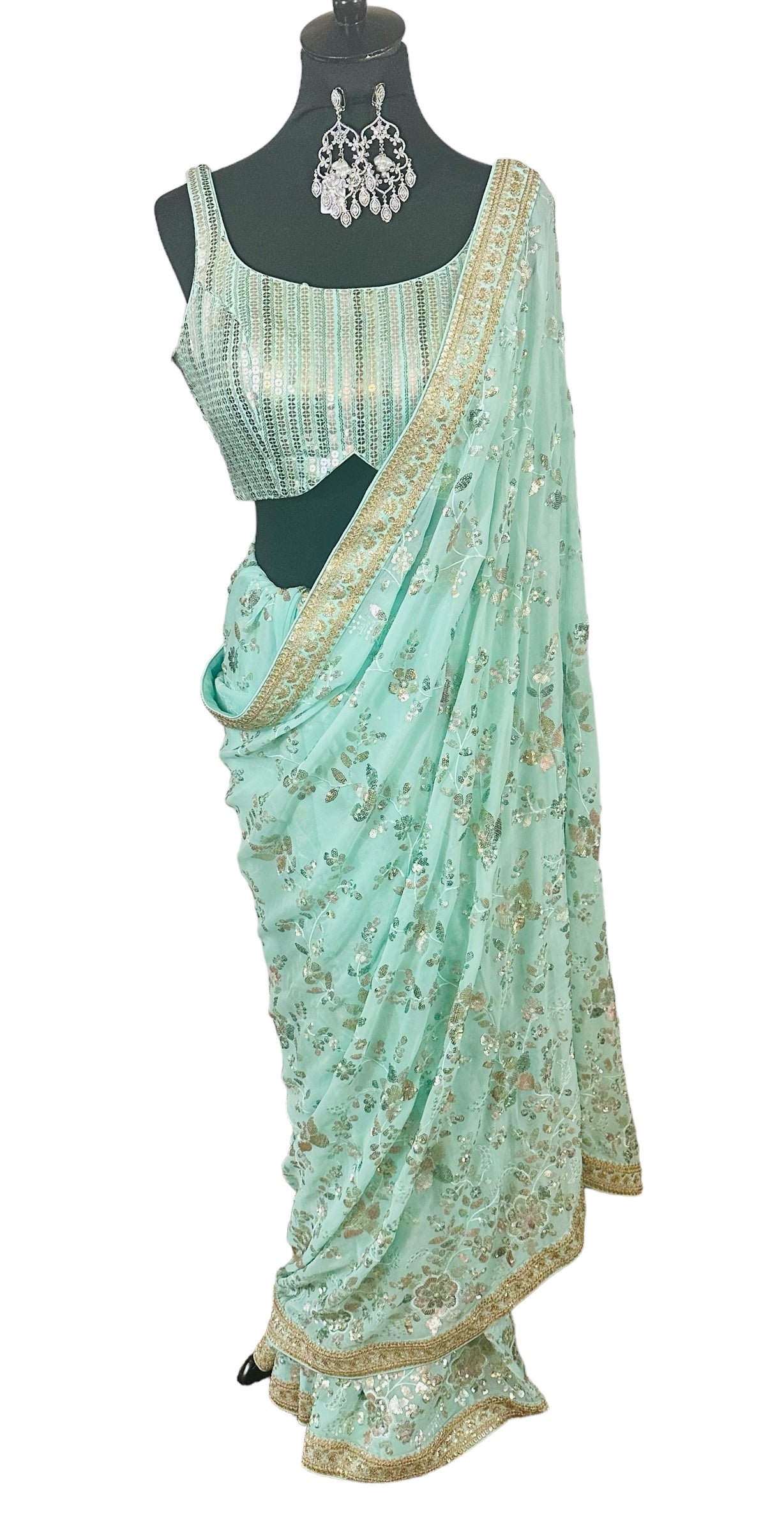 Bluish green sequins saree