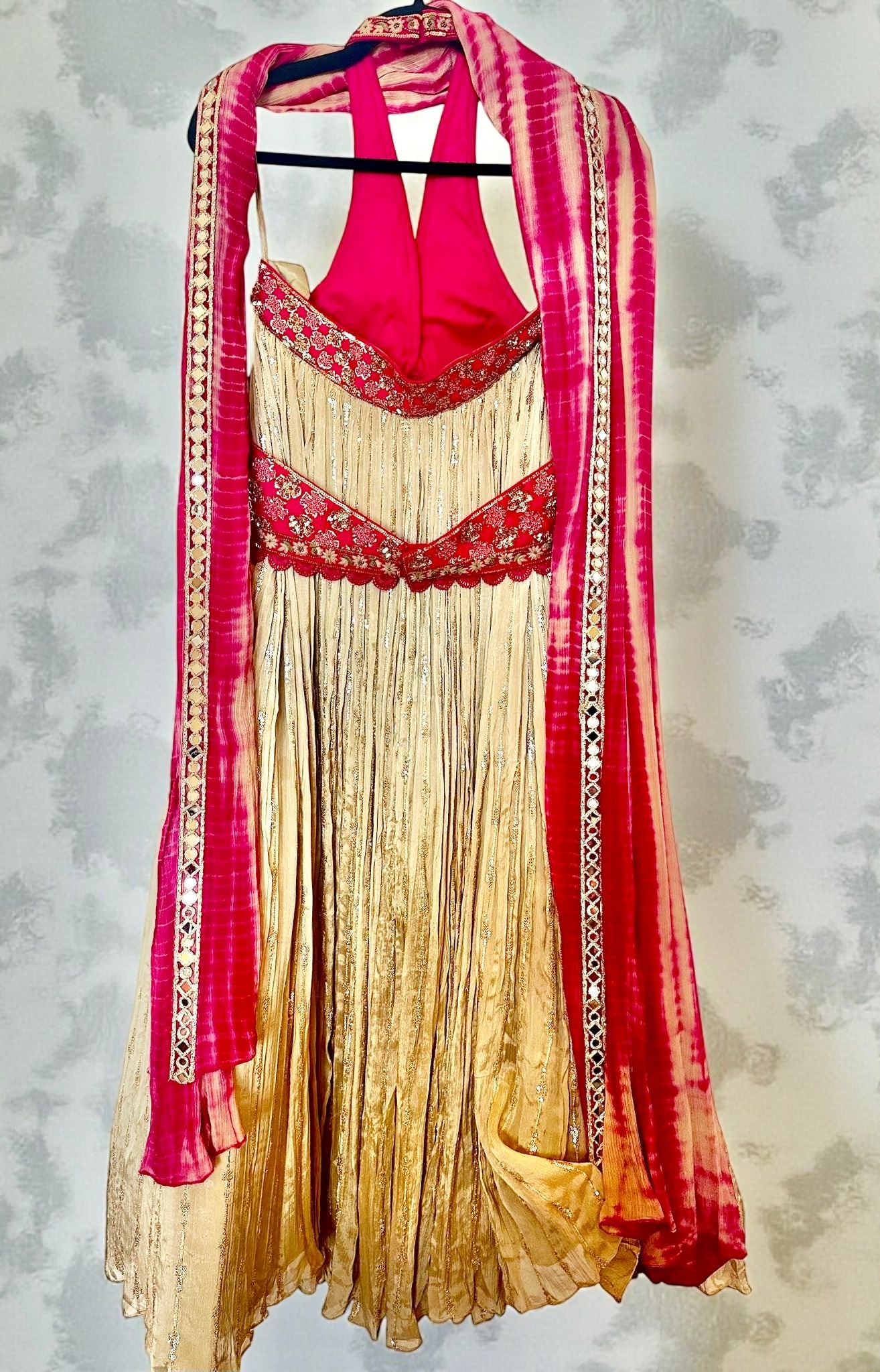 Hot pink/beige crinkled lehenga
