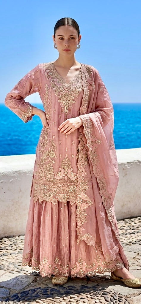 Pink embroidered sharara set