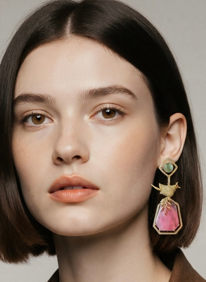 Bird motif pink n blue stone earrings