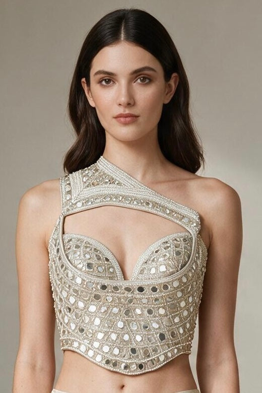 Silver mirror work corset blouse