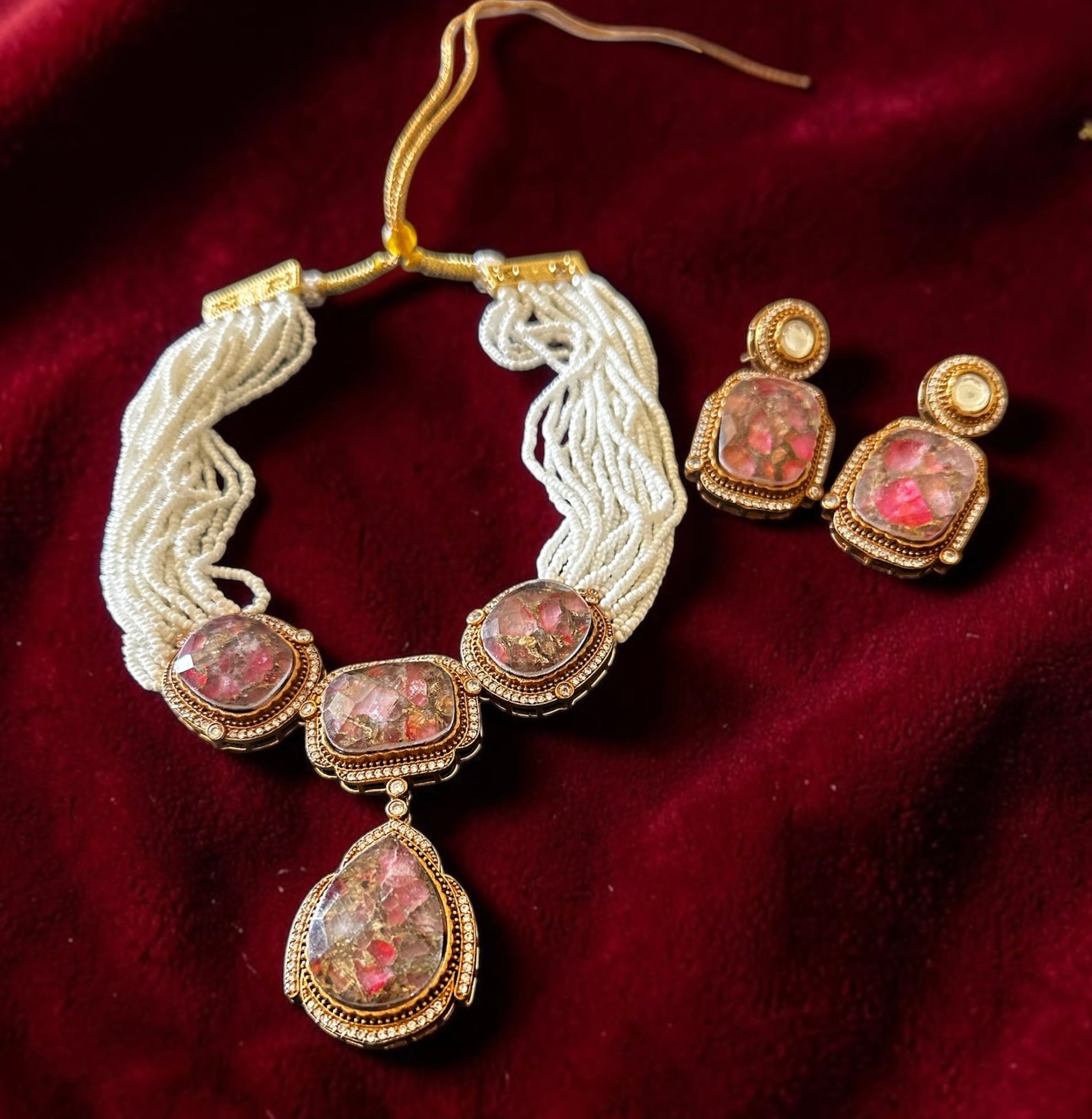 Pink doublet stone with pearls string