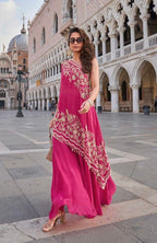 Hot pink one-shoulder outfit