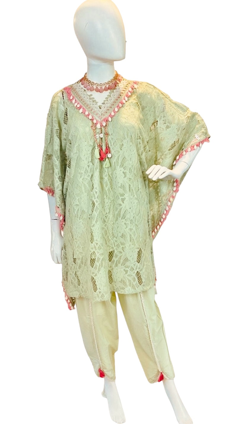 Sea-green lace kaftaan set