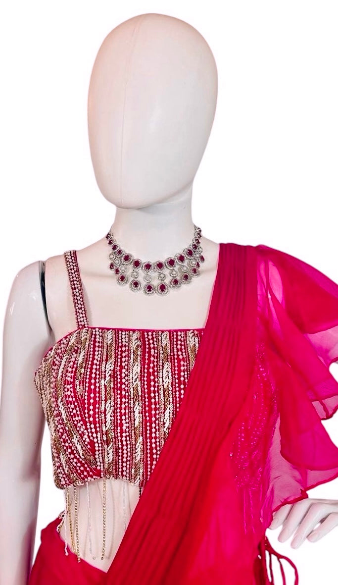 Pinkish red lehenga saree