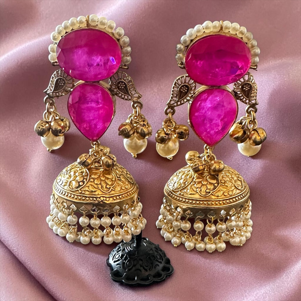 Hot pink stone jhumkaas