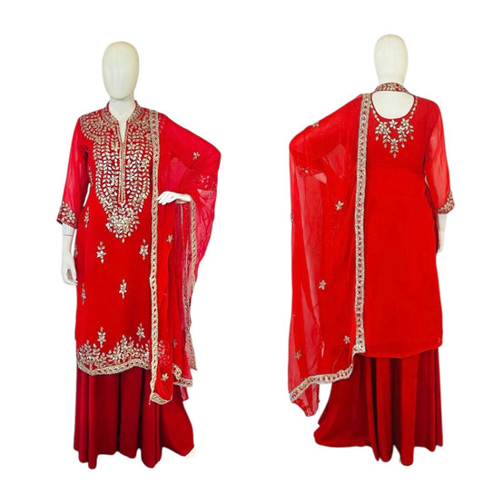 Red georgette Sharara suit