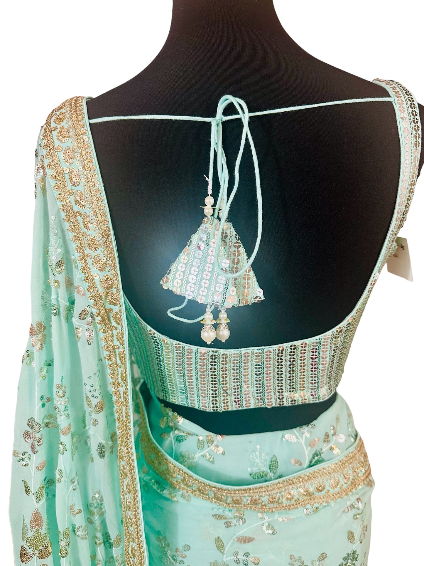 Bluish green sequins saree