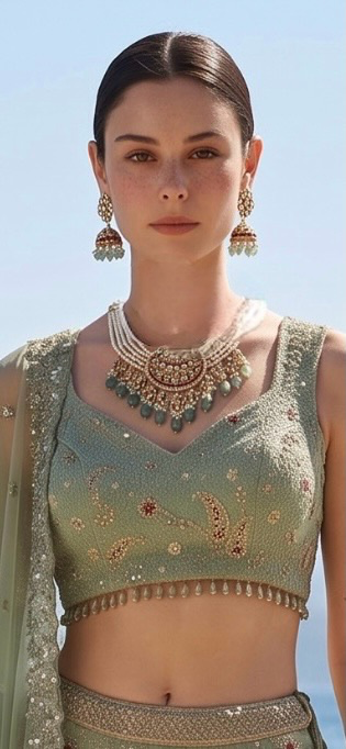 Sea-green stonework lehenga
