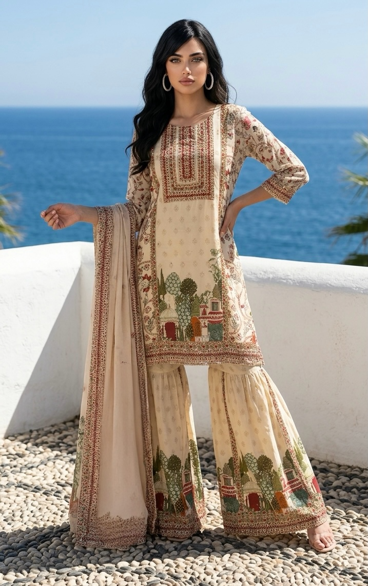 Ivory printed garara suit