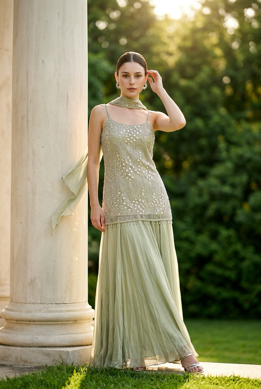 Sea-green sequins Sharara set