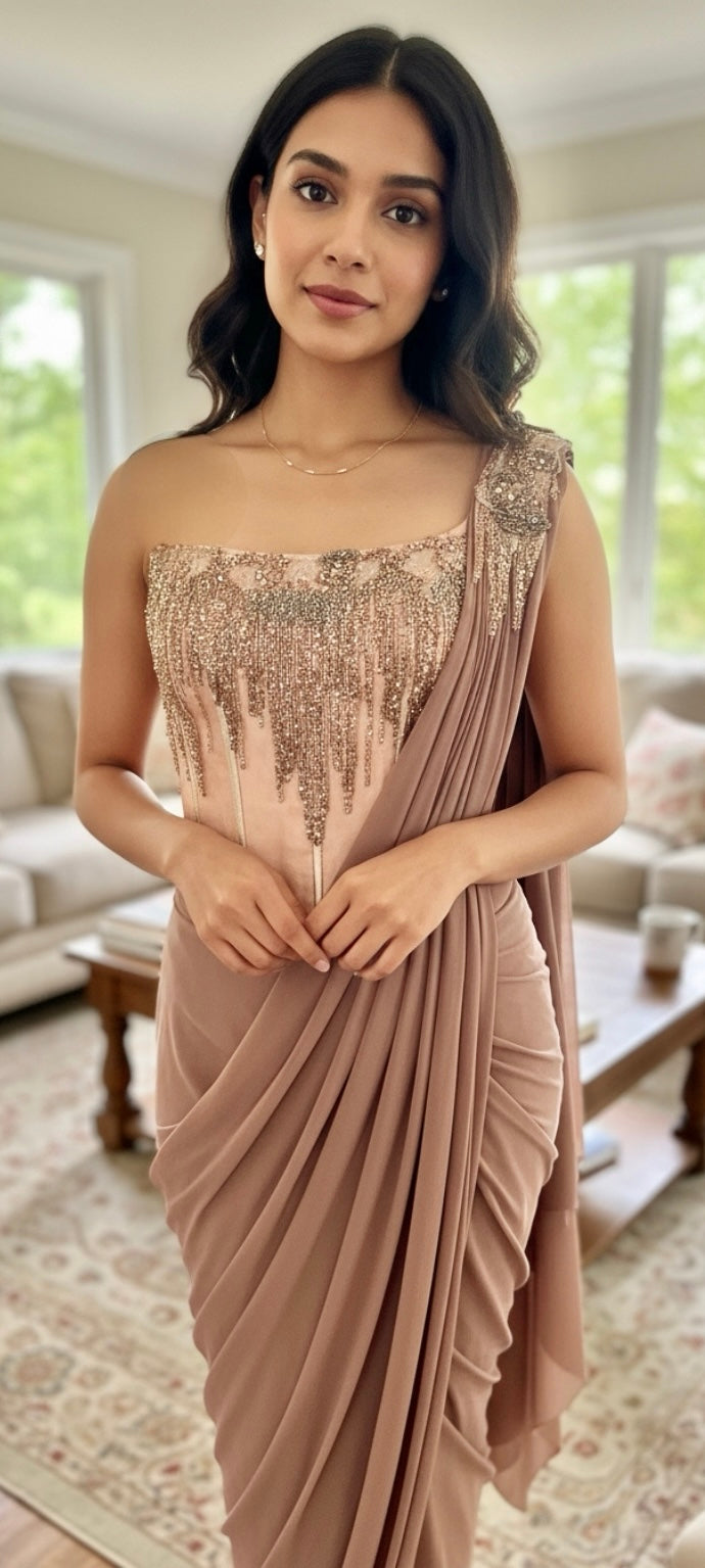 Taupe color stitched lycra saree