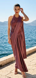 Plum color drape fusion saree