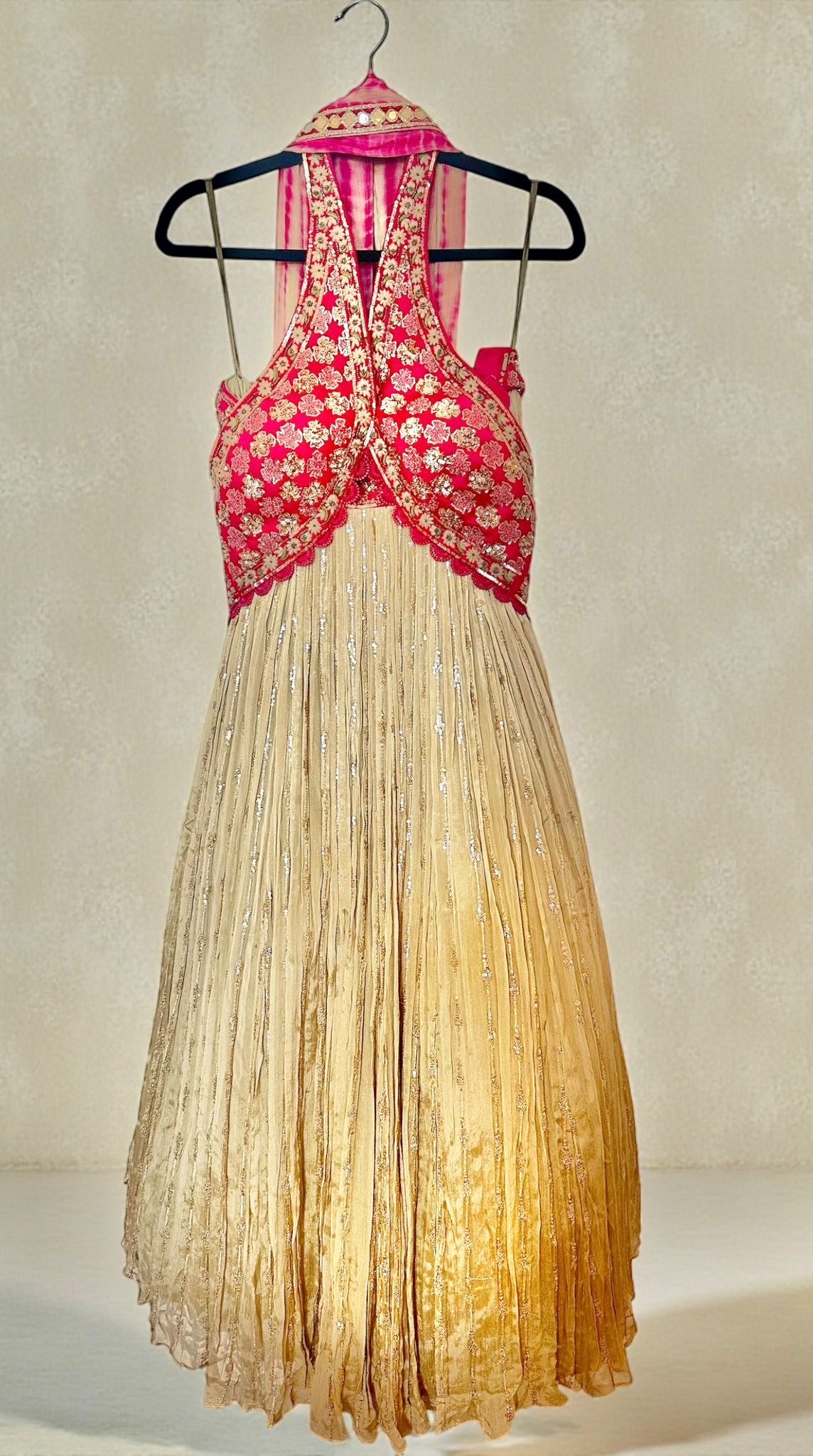 Hot pink/beige crinkled lehenga