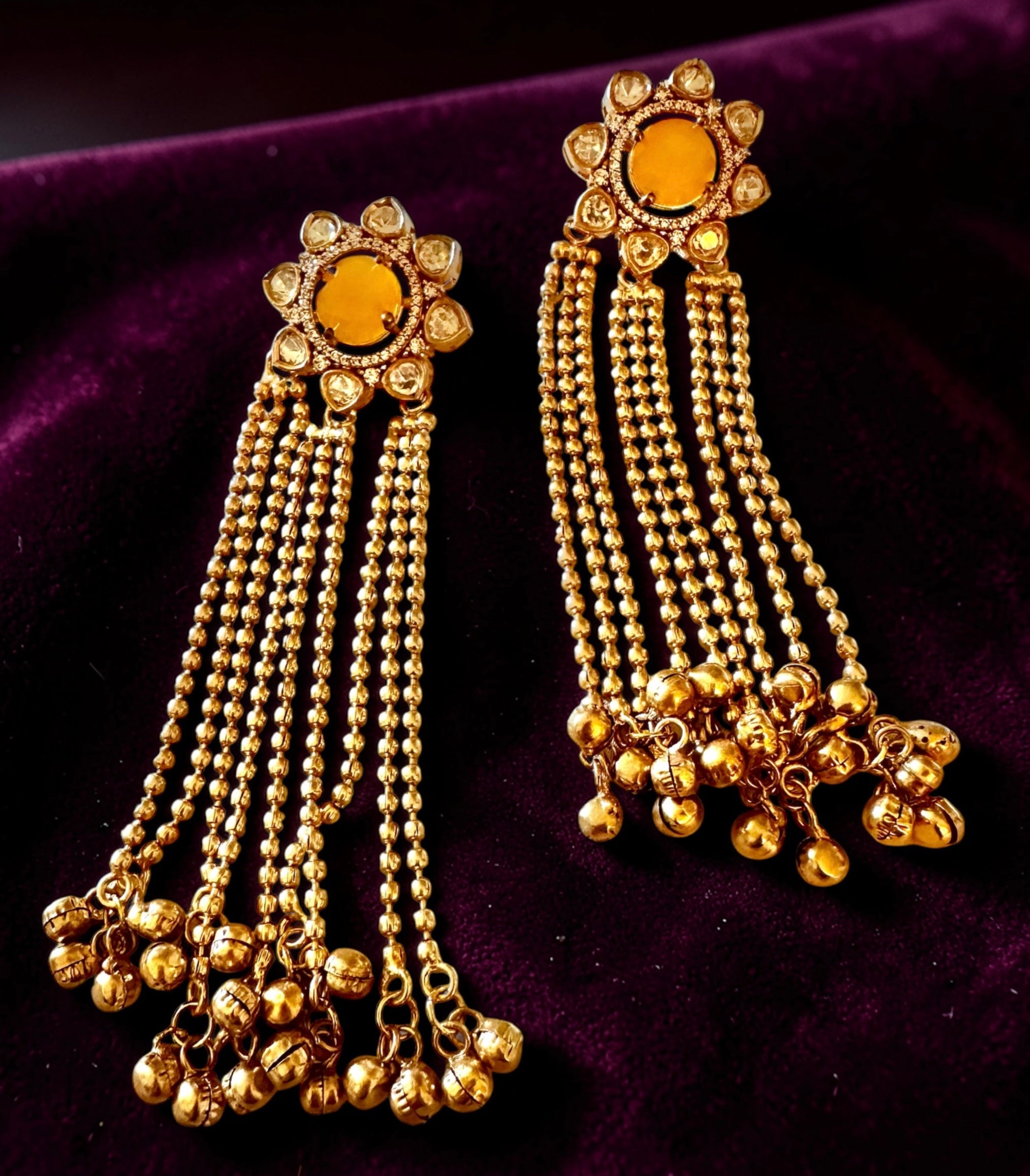 Yellow stone ghungroo earrings