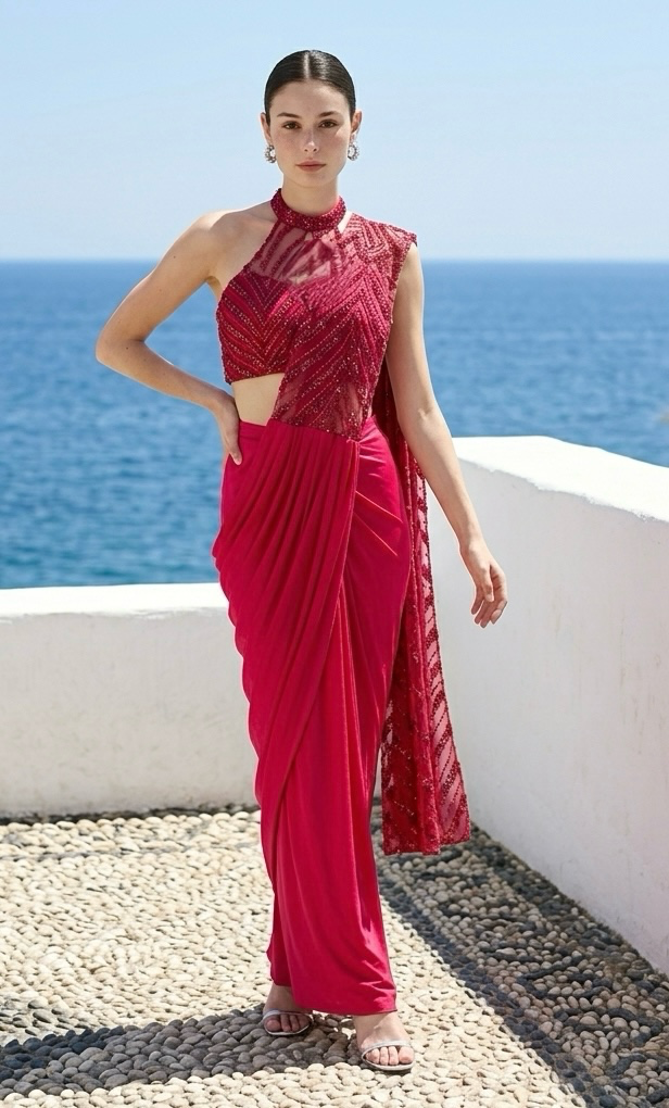 Red Lycra stitched saree