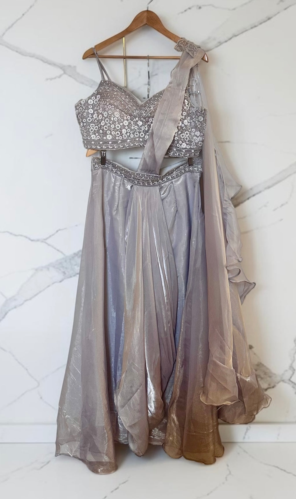 Silver grey fusion lehenga saree