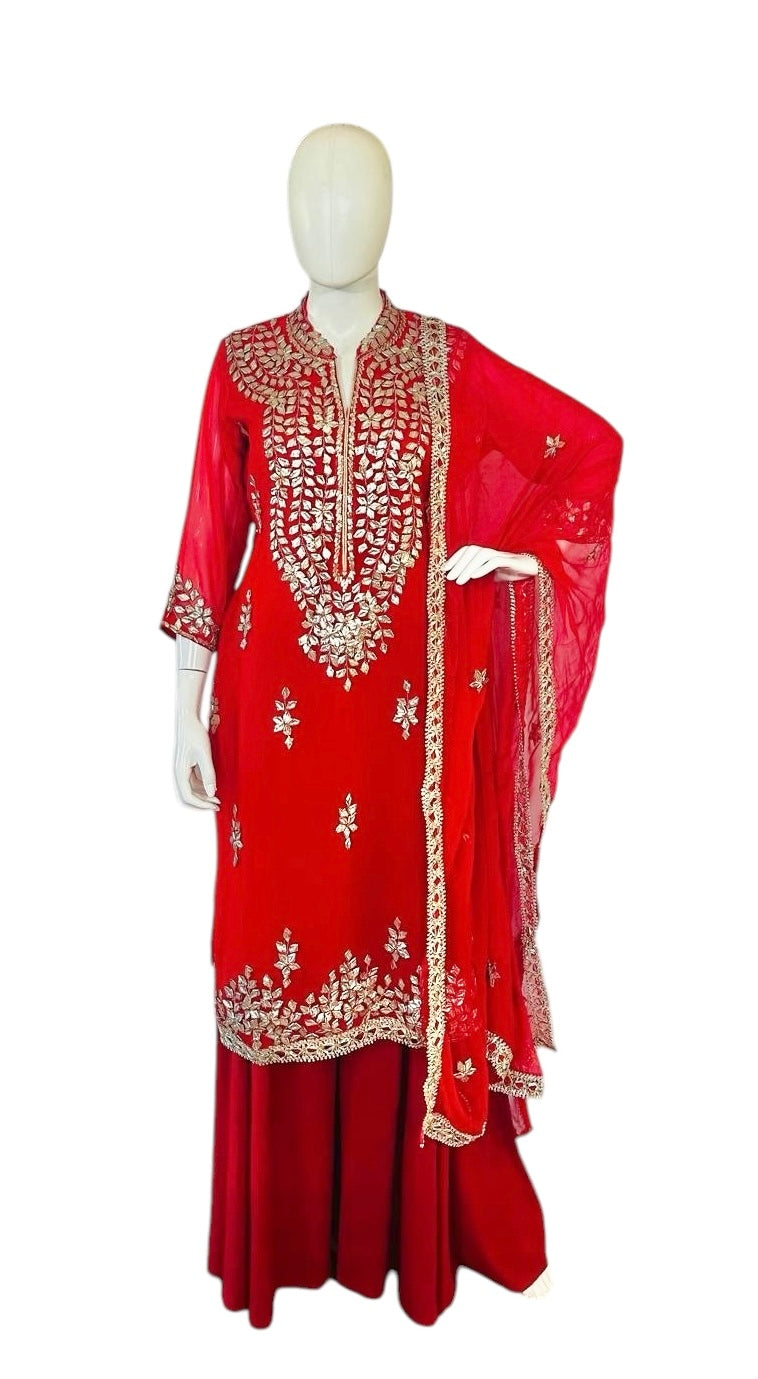 Red georgette Sharara suit