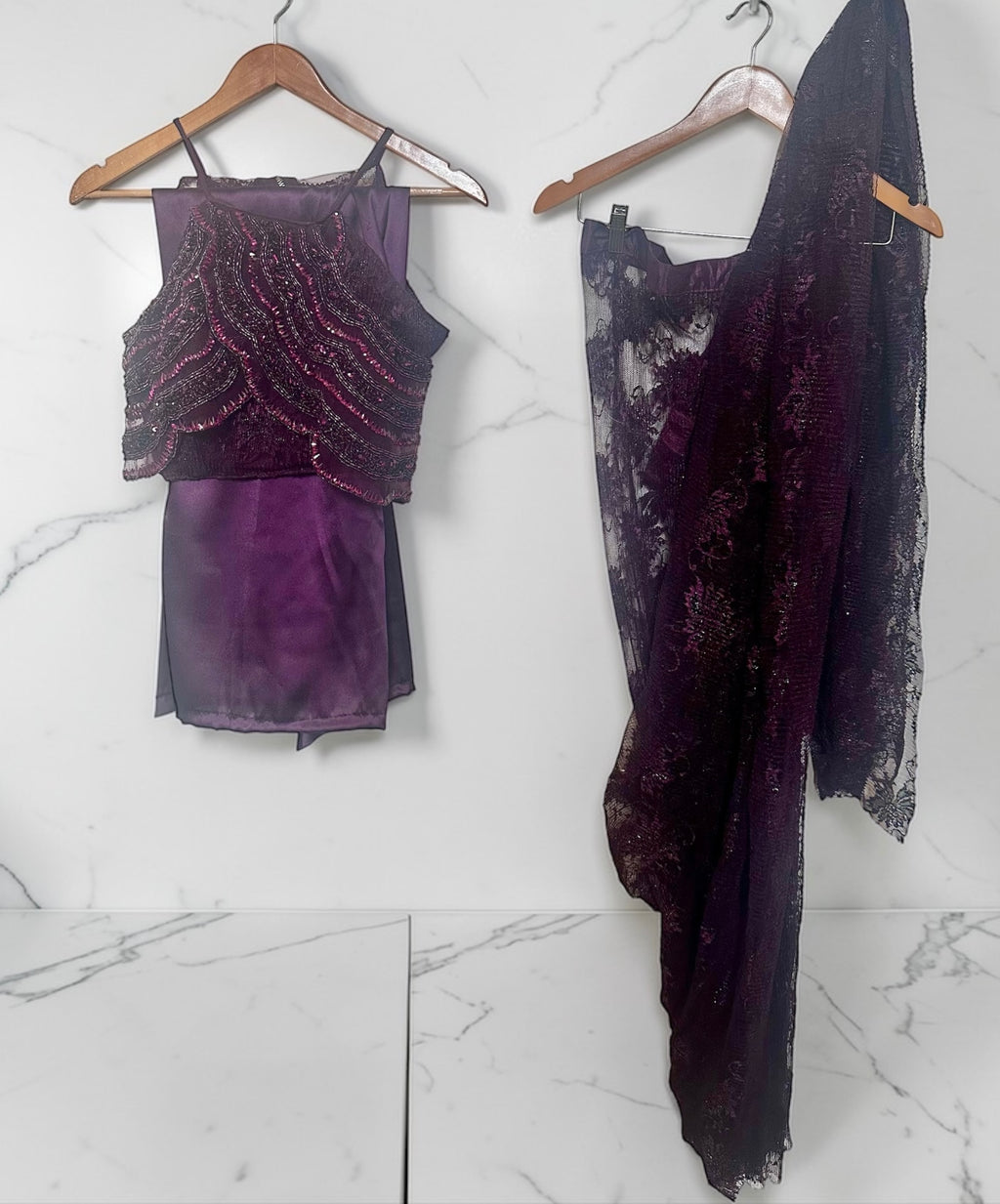 Purple chantley lace saree