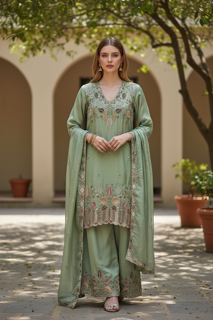 Sea-green palazzo suit