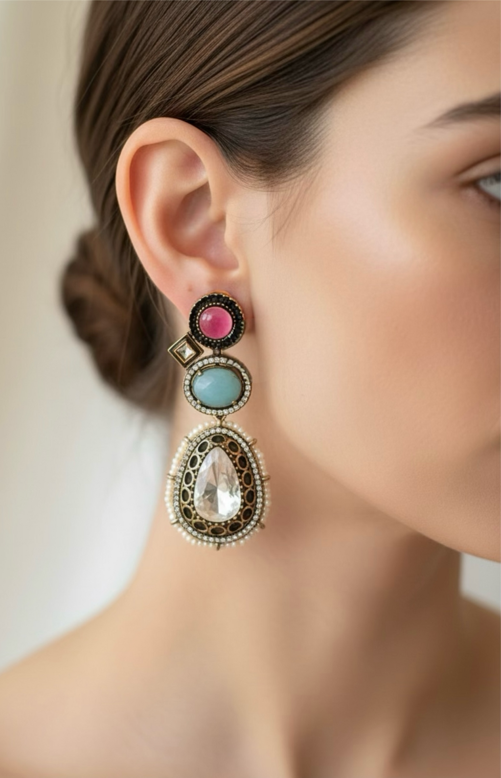 Pink green Polki earrings