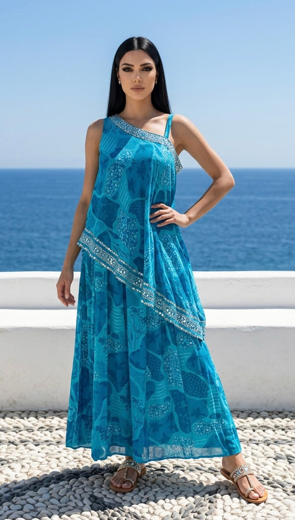 Turquoise one -shoulder co- ord set