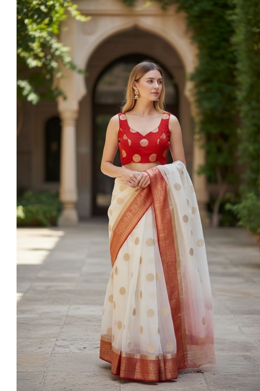 Red & white benarasi saree