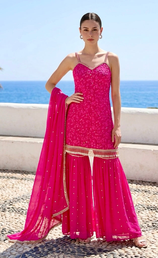 Hot pink chikankari garara