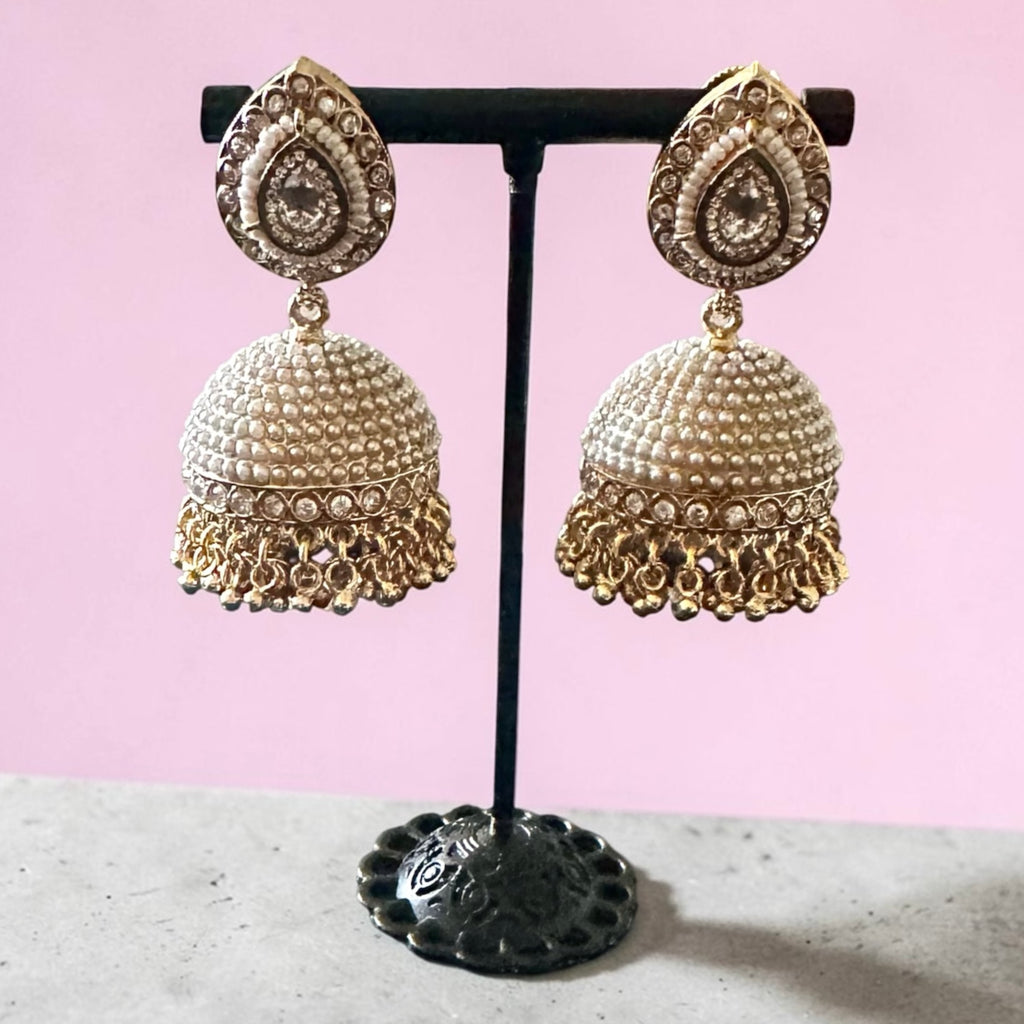 White bead work jhumkaas