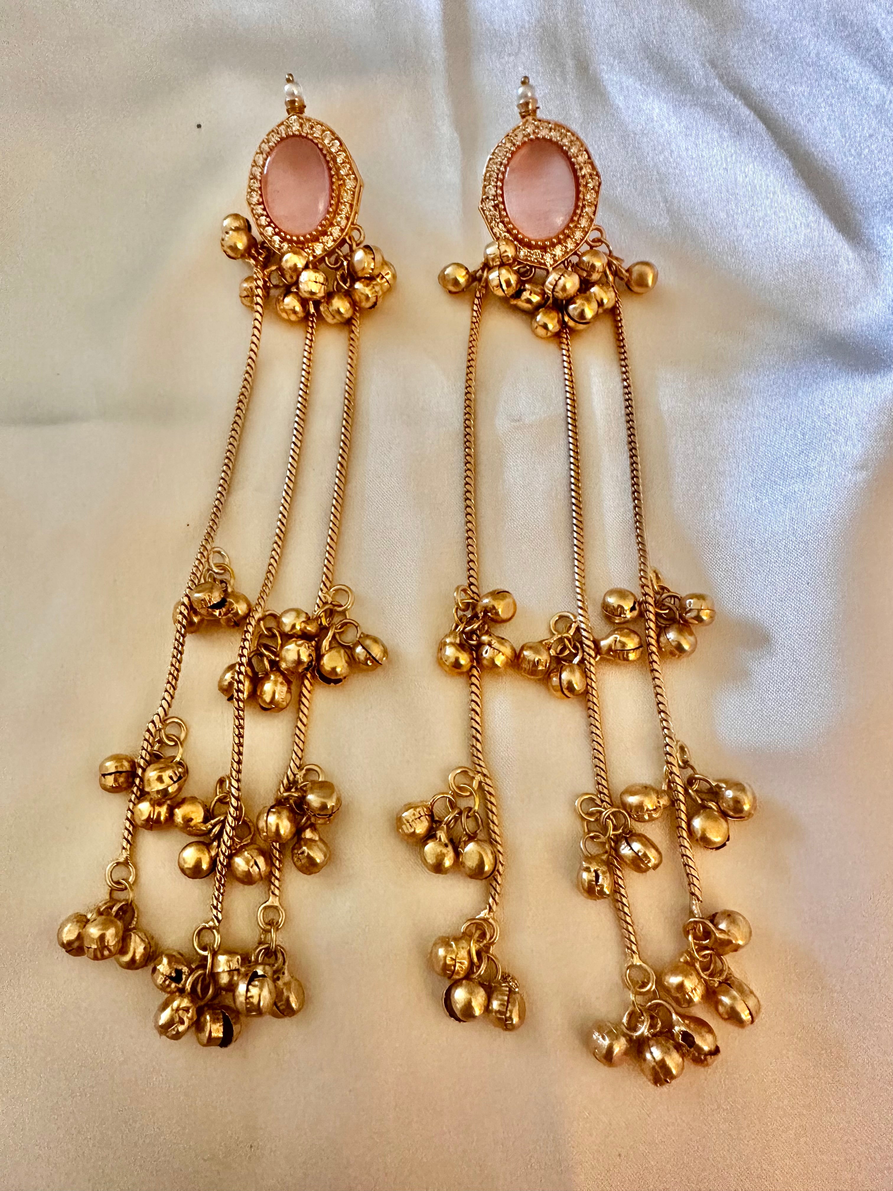 Pink stone ghungroo earrings