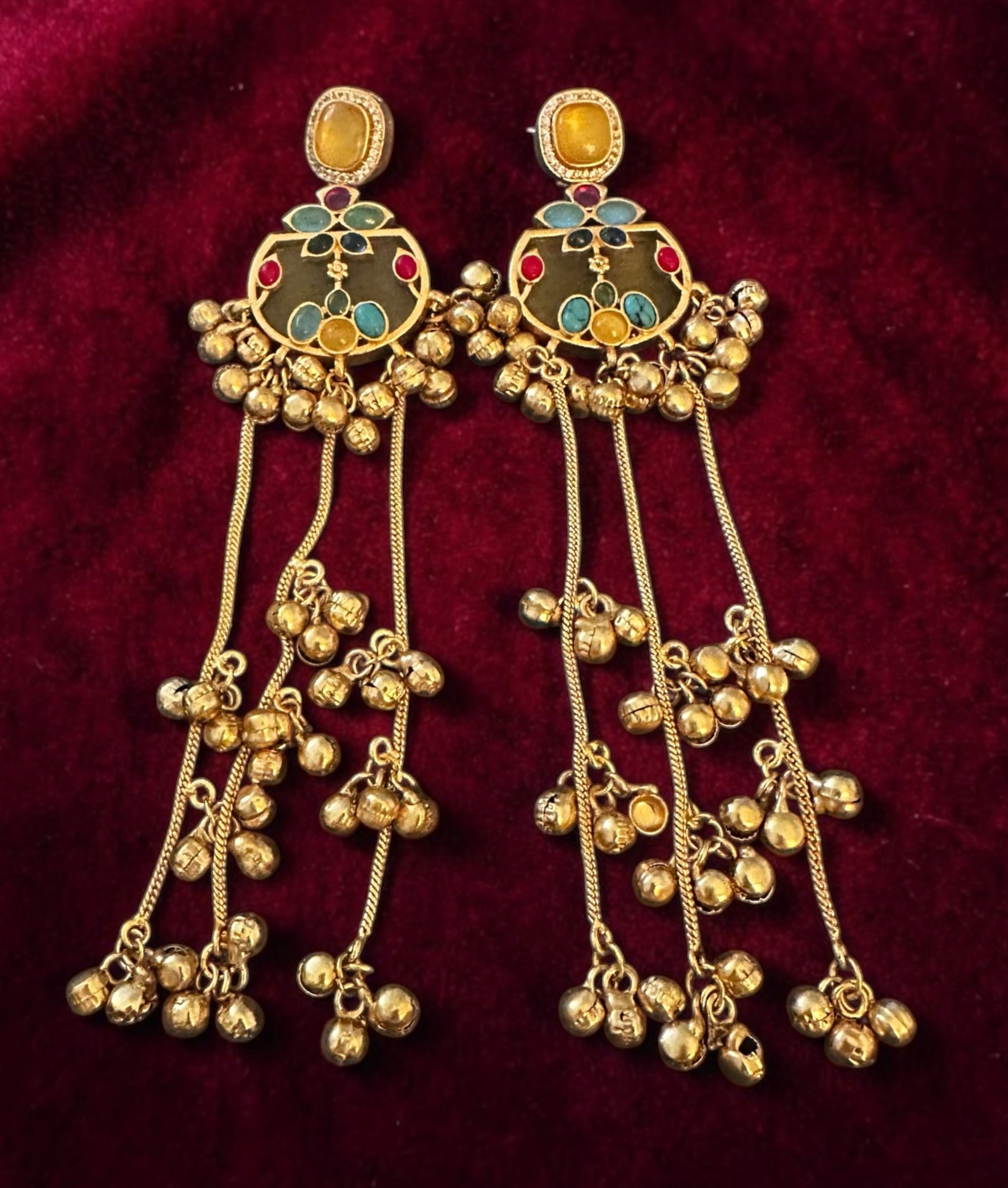 Yellow base multi- stone ghungroo earrings