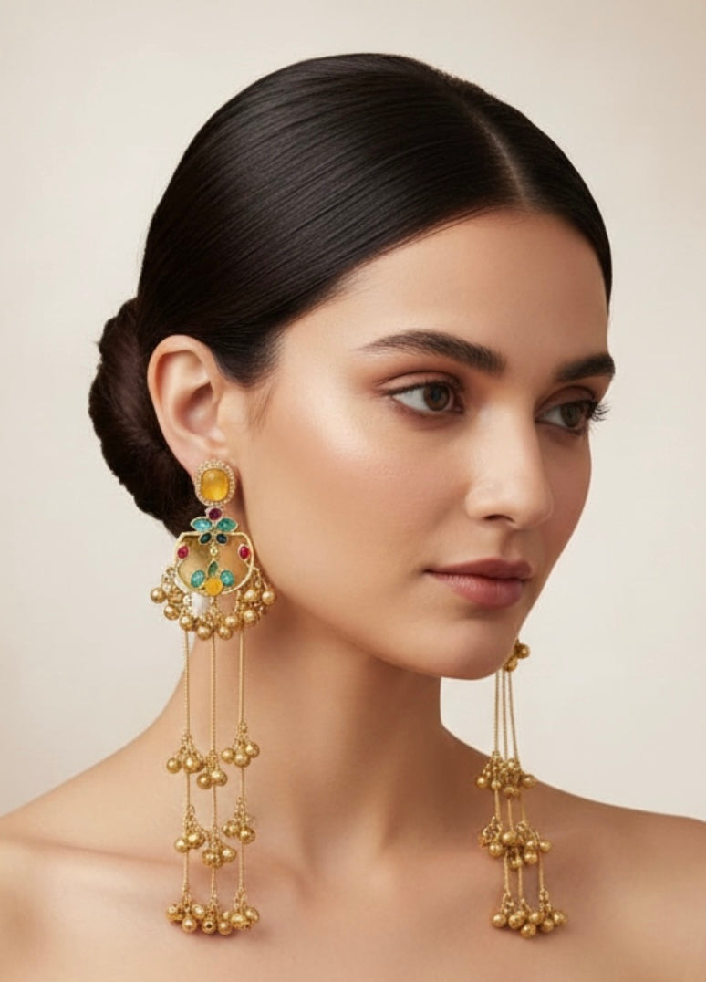 Yellow base multi- stone ghungroo earrings