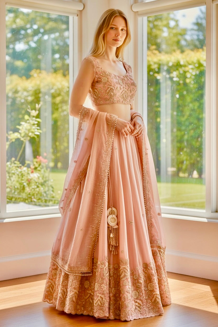 Peach embroidered lehenga set