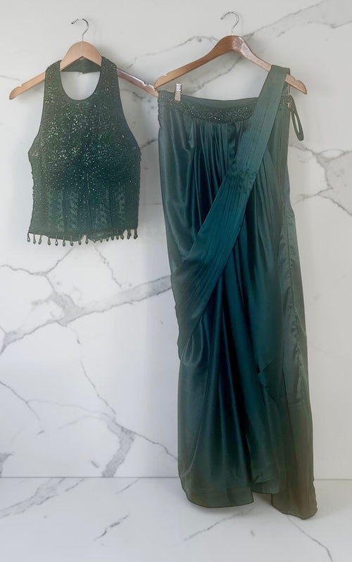 Bottle green saree drape