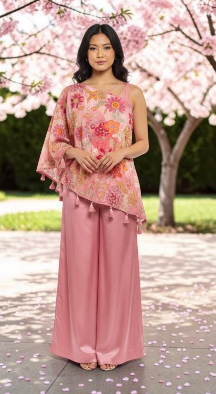 One-shoulder floral outfit