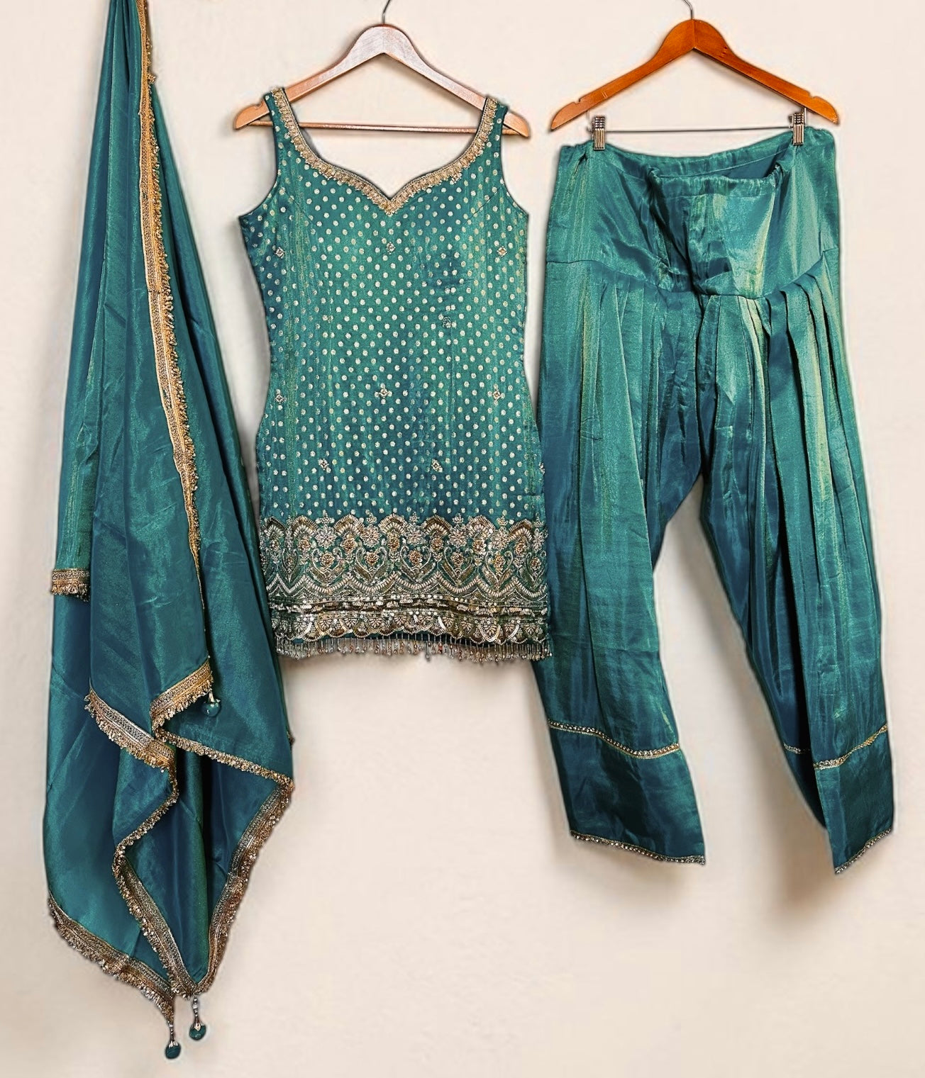 Bluish green farshi salwaar suit