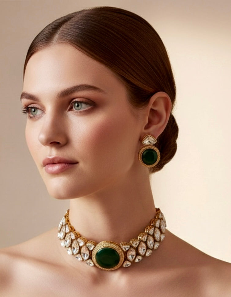 Emerald green polki choker set