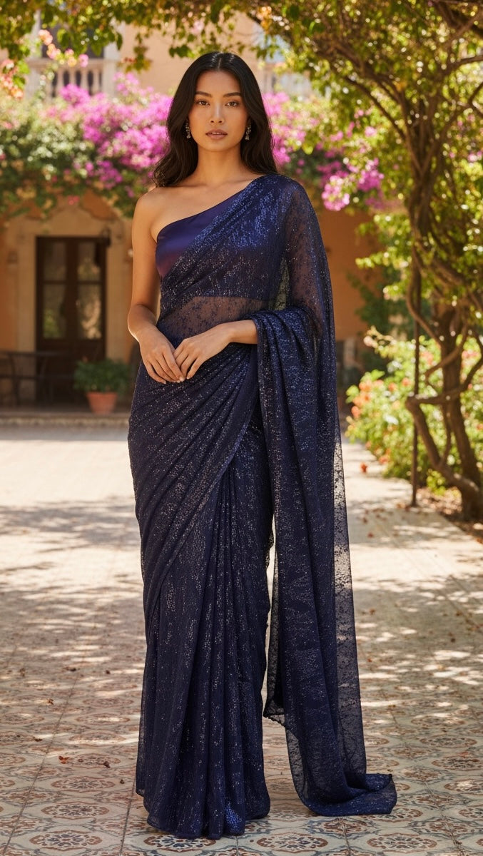 Navy blue chantley lace saree