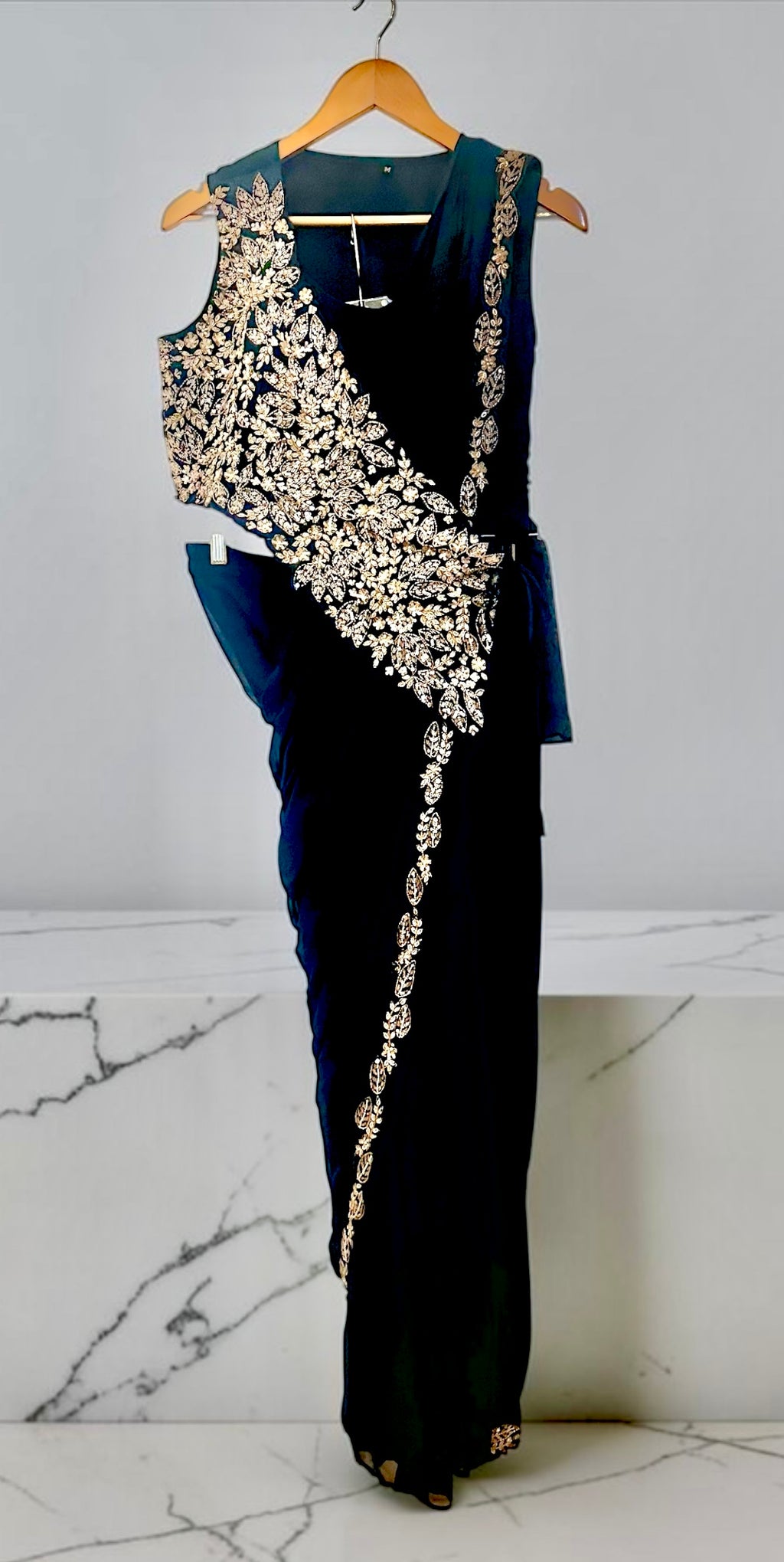 Navy blue drape fusion saree