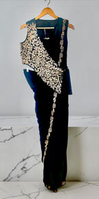 Navy blue drape fusion saree