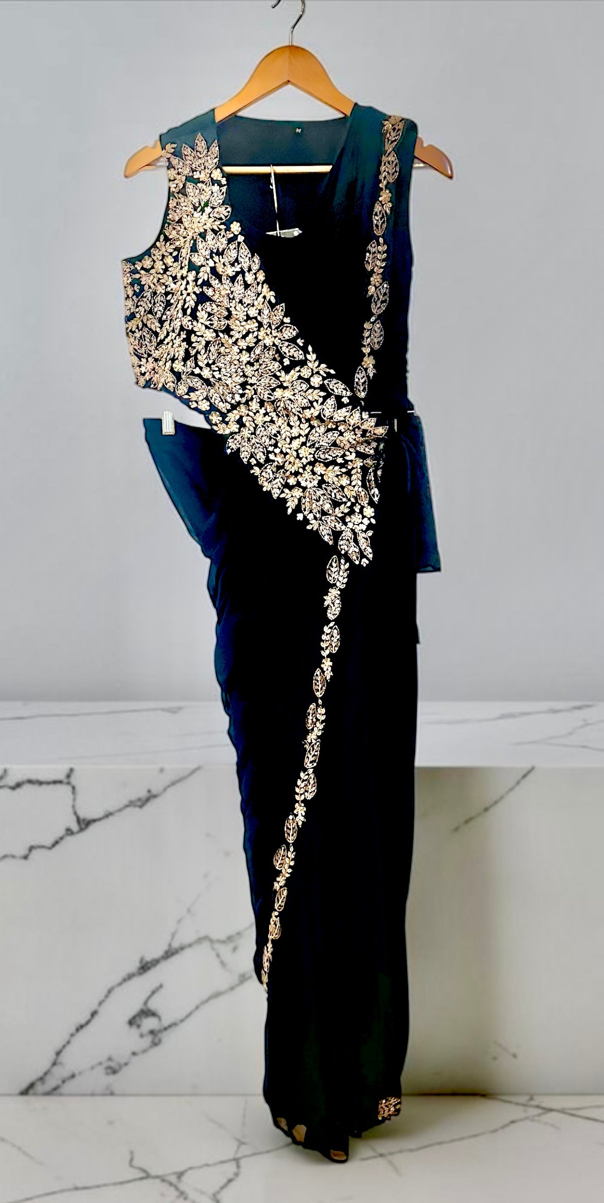 Navy blue drape fusion saree