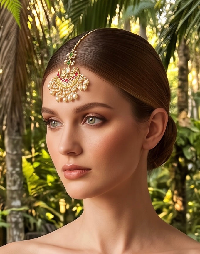 Ruby & green kundan maang tikka